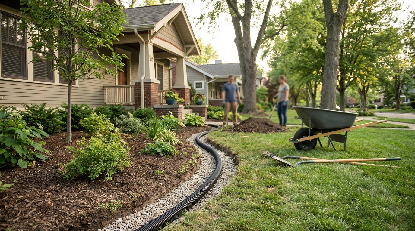 Editorial photograph illustrating How Do You Install a French Drain to Stop Yard Flooding